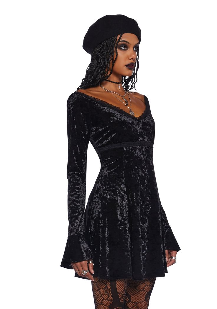 Look witchy and glamorous in this mini dress that has a stretchy crushed velvet construction, a v-neckline, long sleeves with bell cuffs,and a lace trim. Black Velvet Dress, Mini Velvet Dress, Crushed Velvet, Exclusive Collection, Velvet Dress, Gothic Fashion, Mini Black Dress, Online Boutique, Lace Trim