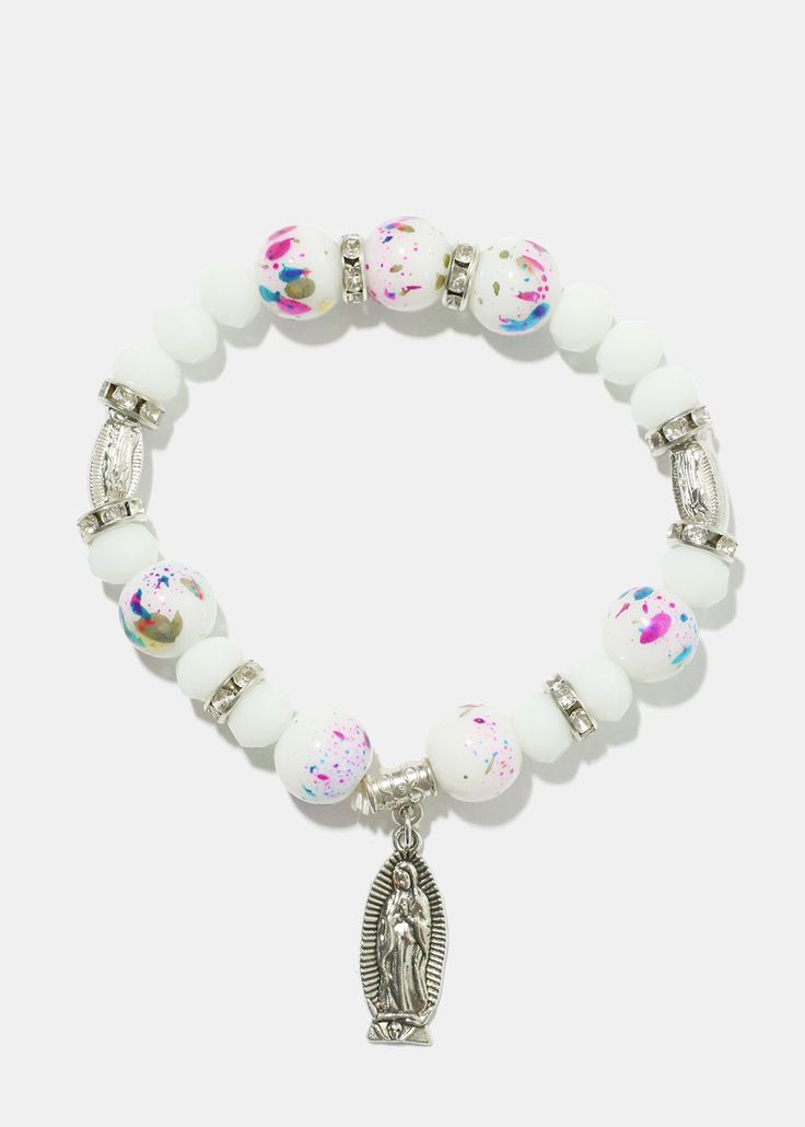 Virgin Mary dangle charm with gorgeous assorted beads Stretchy sturdy band for a comfortable fit Adjustable Rosary Bracelet With Colorful Beads, Bohemian Charm Bracelet With White Round Beads, Bohemian White Charm Bracelet With Round Beads, White Beaded Bracelets With Charms For Jewelry Making, Adjustable Beaded Bracelet With Dangling Beads For Gifts, Spiritual Polished Beads Bracelets, Adjustable Bracelets With Dangling Round Beads, Adjustable Multicolor Bracelets With Dangling Beads, White Stretch Bracelet With 8mm Beads