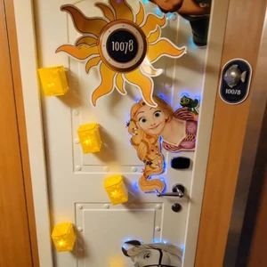 a door decorated with stickers and magnets