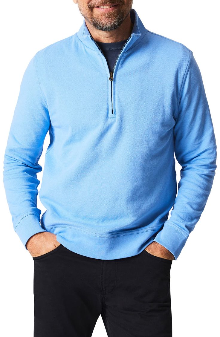 A cotton-rich knit brings cool-weather comfort to a pullover styled with a stand collar and a half-zip to adjust the fit. 26 1/2" length (size Medium) Half-zip closure Long sleeves Ribbed cuffs and hem 97% cotton, 3% polyester Machine wash, tumble dry Made in Peru Cotton Half-zip Sweatshirt With Zipper Closure, Cotton Half-zip Sweatshirt With Zipper, Blue Cotton Sweatshirt With Zipper Closure, Blue Cotton Top With Zipper Closure, Blue Cotton Tops With Zipper Closure, Blue Half-zip Sweatshirt With Ribbed Cuffs, Blue Cotton Half-zip Sweatshirt, Casual Blue Half-zip Sweater, Blue Half-zip Sweater