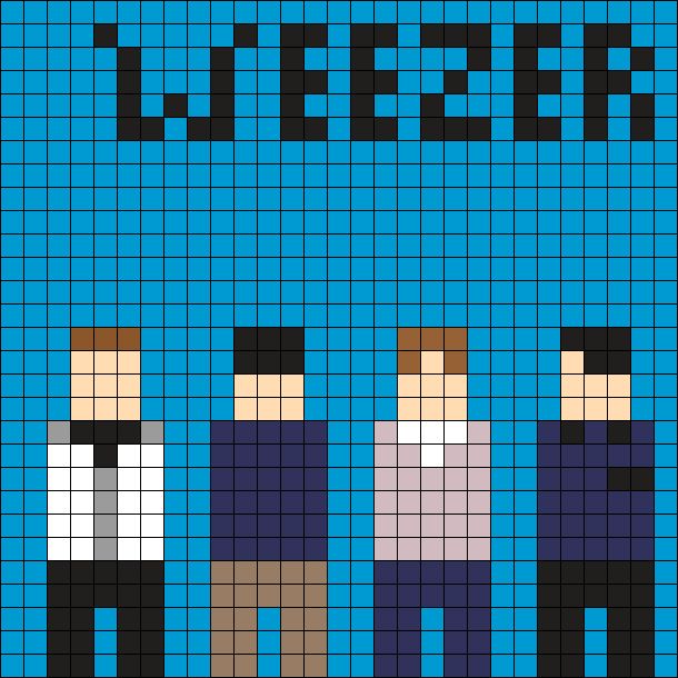 three pixellated men standing next to each other in front of a blue background with the word minecraft on it