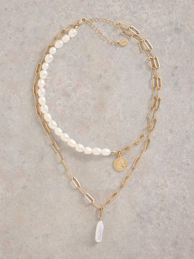 This necklace does the layering for you. It has a smart multi-textured chain. Fresh water pearls. And a lucky penny charm. Pearl Chain Necklace, Lucky Penny, Multi Layer Necklace, Sun With Sunglasses, Layer Necklace, Water Hyacinth, Strawberry Print, Fresh Water Pearls, White Stuff