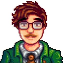 a pixel art portrait of a man wearing glasses and a green shirt with a brown dog in his lap