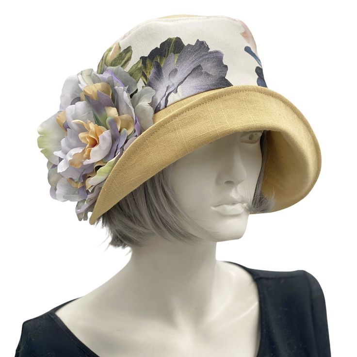 Yellow linen  Eleanor with wide front brim cloche  hat with floral band and large flower brooch Linen Hat, Bespoke Hats, Classy Hats, Horse Races, Brooch Wedding, Afternoon Wedding, Floral Hat, Elegant Hats, Cloche Hat