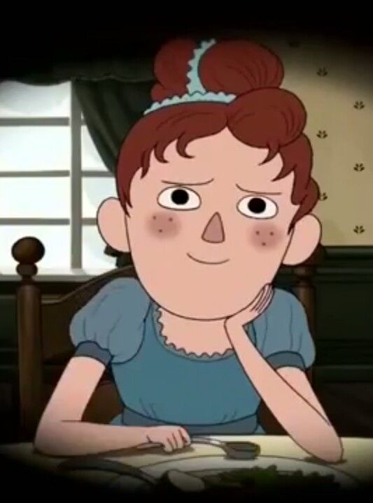 a cartoon character sitting at a table with food in front of her