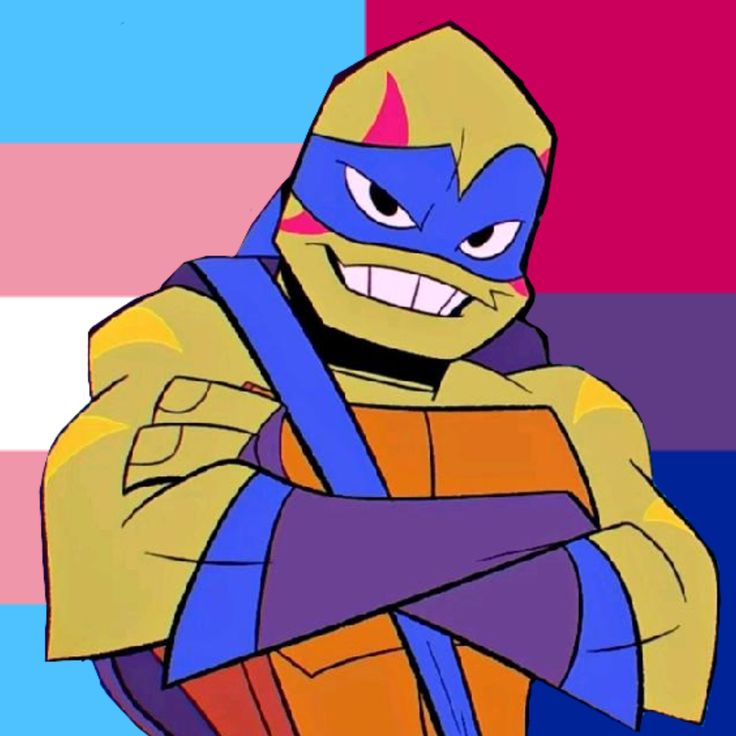 an animated image of a teenage mutant holding his arms crossed in front of a multi - colored background