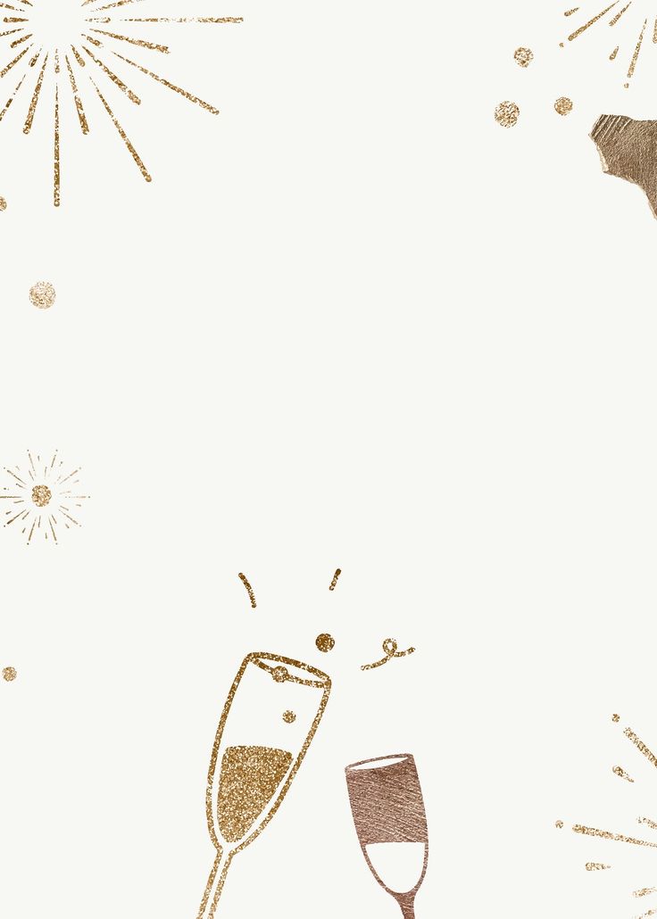 two glasses of champagne and an umbrella on a white background with gold confetti