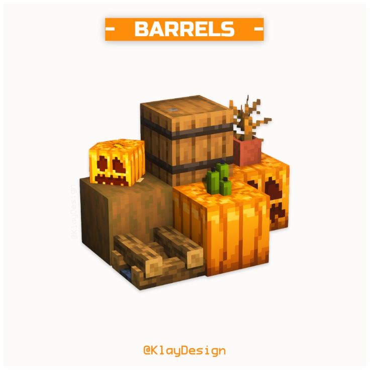 an image of barrels and pumpkins made out of minecraft blocks with the words barrells on them