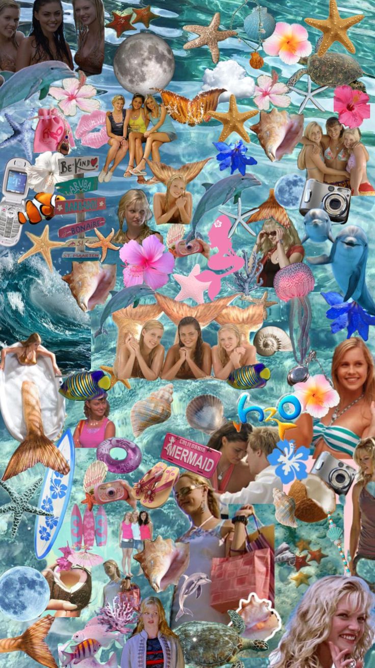 a collage of photos with women in the water and flowers on them, all over