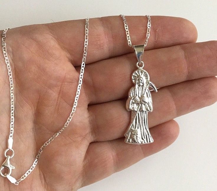 "925 STERLING SILVER GRIM REAPER NECKLACE.18\" LONG CHAIN. FOR GOOD LUCK ,PROSPERITY ,PROTECTION AND MONEY. PENDANT : 45 mm X 14 mm 925 PLATA ESTERLINA CADENA DE LA SANTA MUERTE .18\" LARGO CADENA. PARA PROSPERIDAD, BUENA SUERTE,PROTECCION,AMOR Y DINERO. DIJE: 45 mm X 14 mm" Santa Muerte Necklace, Punk Nails, For Good Luck, Pompano Beach, Jewelry For Men, Grim Reaper, Planner Bullet Journal, Dream Jewelry, Long Chain