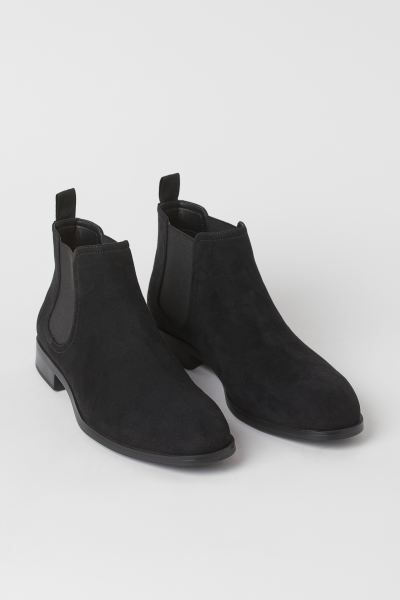 Chelsea Boots - Black - Men | H&M US 3 High-top Suede Boots For Work, Medium Width High-top Suede Boots, High-top Suede Workwear Boots, Suede High-top Boots For Work, Casual Flat Heel Chelsea Boots For Work, Casual Chelsea Boots With Flat Heel For Work, Casual Suede Chelsea Boots With Flat Heel, Casual Suede Boots Medium Width, Fall Slip-on Suede Chelsea Boots