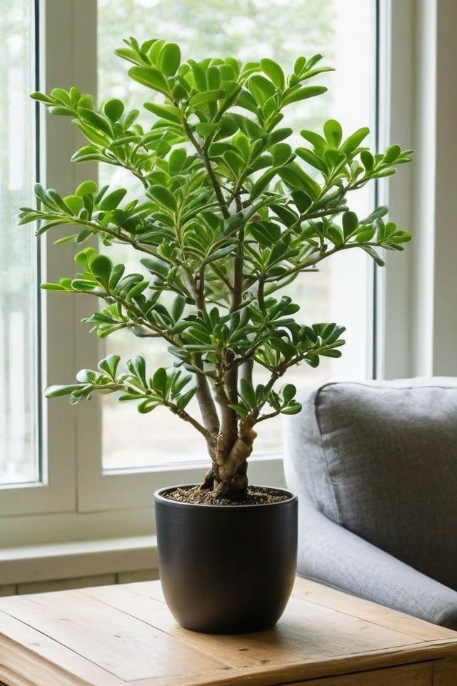 a potted plant sitting on top of a wooden table in front of a window