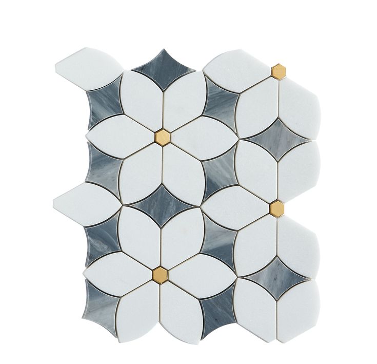 a white and blue flower tile with gold accents on the bottom, against a white background