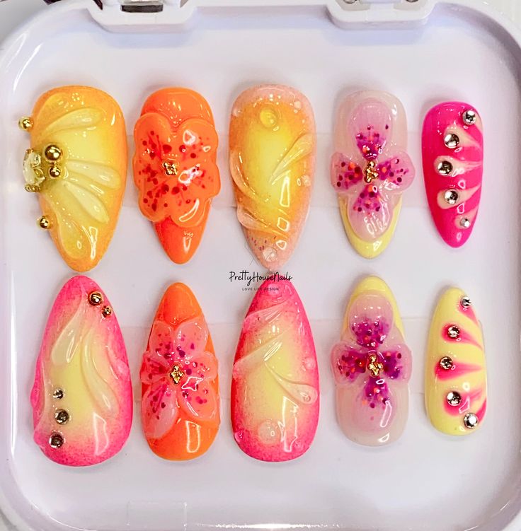 Colorful Sunset Tropical Flower Press on Nails, Custom Flower Nail Set, Trendy Fake Nails for Stylish Ladies, 3D Handcraft Nail Art, Gift. - Etsy Tiger Lily Nail Art, Tropical Sunset Nails, Neon Tropical Nails, Luau Nails Designs, Brazilian Nails, Tropical Acrylic Nails, Sunset Nail Designs, Nail Art Tropical, Pink And Yellow Nails