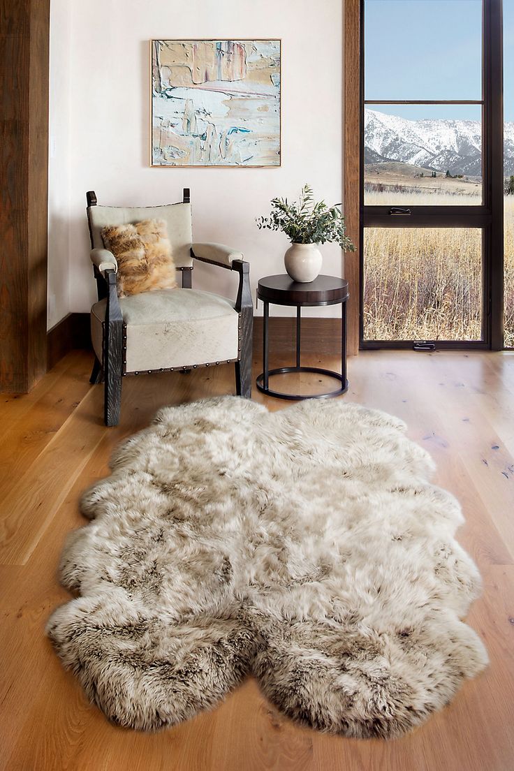 a living room filled with furniture and a white rug