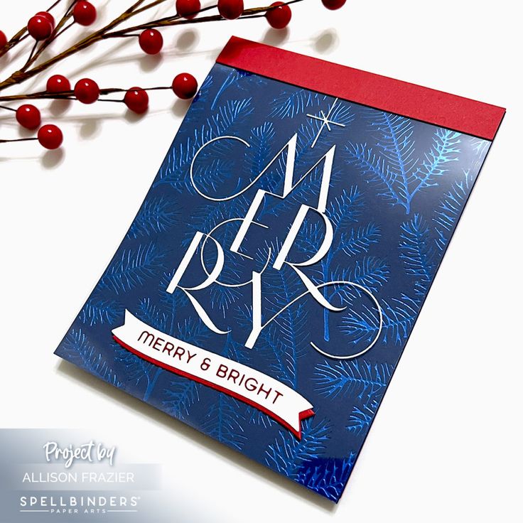 a christmas card with the words merry and bright on it next to some red berries