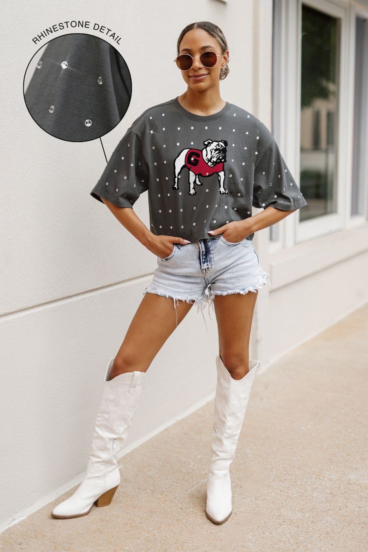 GEORGIA BULLDOGS JUST IN TIME OVERSIZED ALL-OVER RHINESTONE SHORT SLEE Georgia Football, Football Game Outfit, Oklahoma State Cowboys, Carolina Gamecocks, South Carolina Gamecocks, Florida State Seminoles, Oklahoma Sooners, Kentucky Wildcats, Georgia Bulldogs