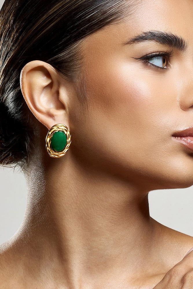 Essie | Green Pendant Gold Earrings Classic Green Clip-on Earrings For Formal Occasions, Classic Green Clip-on Earrings, Green Clip-on Earrings For Formal Occasions, Green Clip-on Formal Earrings, Elegant Green Round Clip-on Earrings, Green Gold-plated Round Earrings, Green Oval Earrings For Formal Occasions, Green Gold Plated Round Earrings, Green Round Gold-plated Earrings