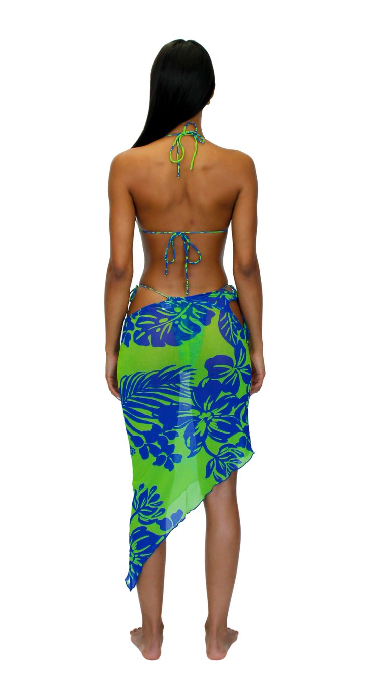 Mesh asymmetrical sarong 82% Polyester / 18% Spandex Hand wash cold, hang to dry Manufactured in Los Angeles Model is 5'9 - wearing a size small TOP SOLD SEPARATELY Tropical Green Sarong For Spring, Asymmetrical Blue Skirt For Summer, Green Tropical Beach Skirt, Fitted Asymmetrical Blue Bottoms, Green Asymmetrical Skirt For Beach, Green Asymmetrical Skirt For The Beach, Green Beachwear Skirt For Summer, Green Stretch Skirt For Vacation, Stretch Green Skirt For Beach Season