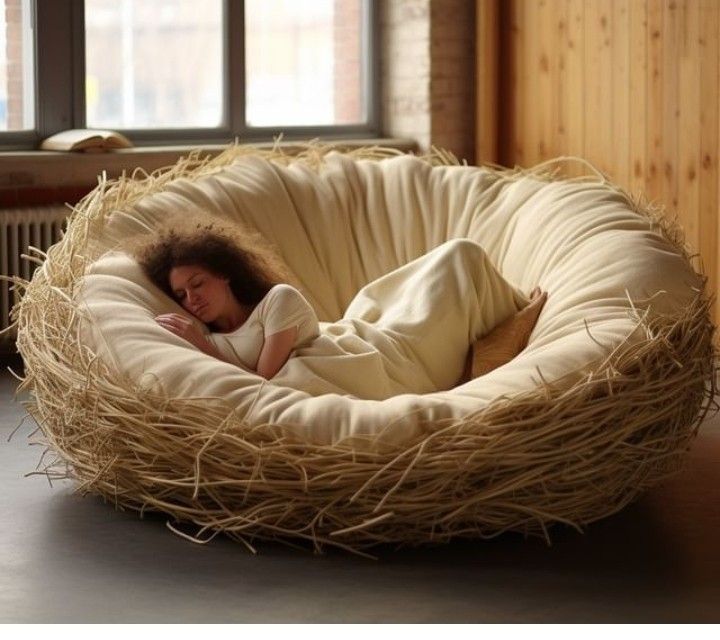 a woman is sleeping in a nest made out of hay and some kind of straw