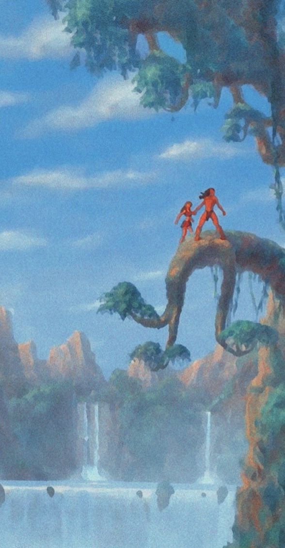 an animated scene with two people on top of a tree and waterfall in the background