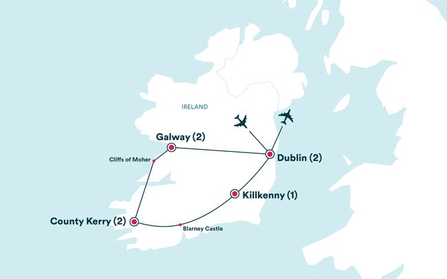 the route map for scotland and ireland with two different destinations on one side, including an airplane