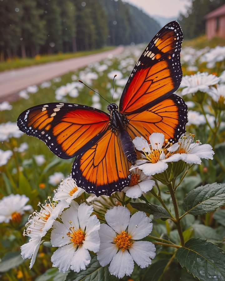 a large orange butterfly sitting on top of white flowers