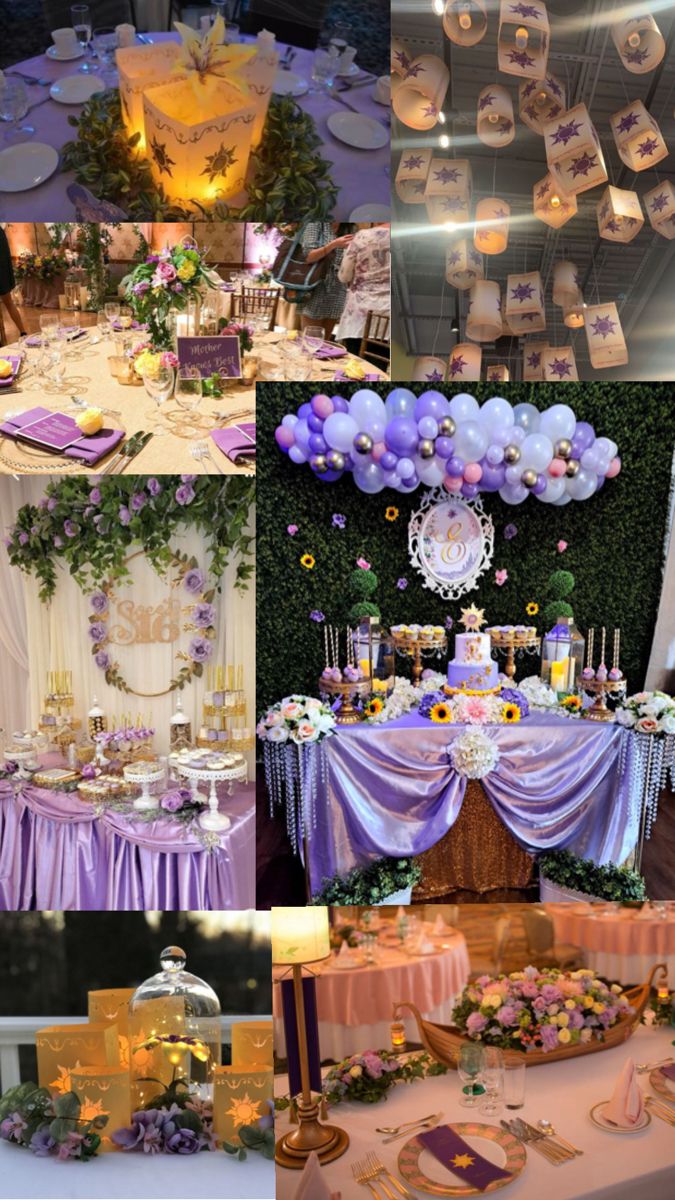 a collage of photos with purple and gold decorations, plates, cake, flowers, candles, and desserts