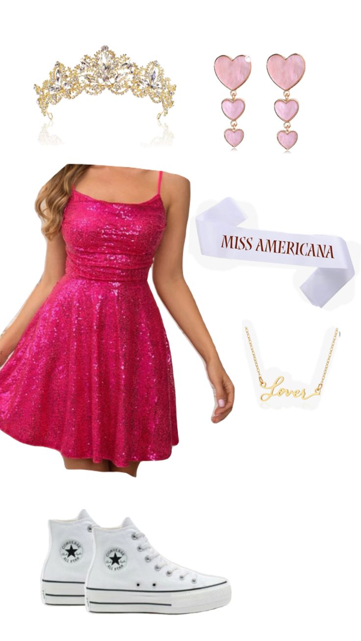 a woman in pink dress and tiara next to other items including shoes, necklaces and earrings