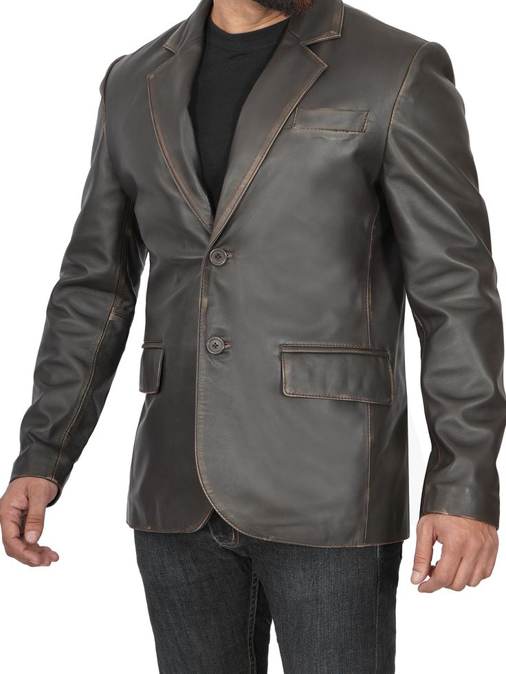 Our men's brown rub-off leather blazer is made with real lambskin leather and features a tailored fit, notch lapel, fully lined, and featuring three functional pockets. Wear it with jeans for a semi look or wear it with sleek trousers for a more formal ensemble. Specification: Material: Real Leather, soft polyester lining with quilted foam Front: Notch Lapel, Two Button Closure Pockets: One Chest Pocket, Two Flap Pockets, and Two Inner Pockets Color: Ruboff Brown Designer Leather Blazer For Fall, Leather Blazer With Leather Lining For Fall, Fall Leather Blazer With Leather Lining, Classic Leather Blazer For Semi-formal Occasions, Fitted Leather Sport Coat For Semi-formal Occasions, Classic Leather Sport Coat For Formal Occasions, Elegant Formal Blazer With Leather Lining, Classic Leather Sport Coat With Notch Lapel, Tailored Leather Sport Coat With Lapel Collar