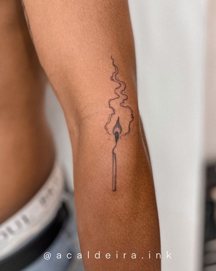 Single Flame Tattoo, Smokey Match Tattoo, Burnt Out Match Tattoo, Match Burning Tattoo, Hand Holding Match Tattoo, Fine Line Tattoo Men’s, Fire Tattoos For Women, Burnt Match Tattoo, Flashlight Tattoo