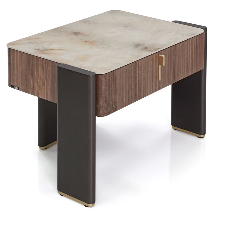 an end table with a marble top and metal legs, on a white background in the image