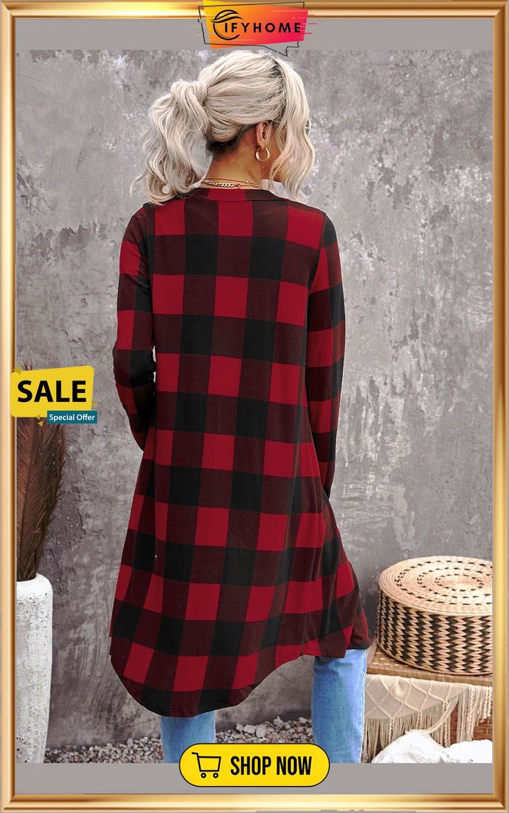 Red Plaid Print Long Cardigan Winter Plaid V-neck Cardigan, V-neck Plaid Outerwear For Winter, Casual Open Front Top For Fall, Plaid V-neck Cardigan For Fall, Trendy Plaid Long Sleeve Cardigan, Plaid V-neck Outerwear For Fall, Red Long Sleeve Cardigan For Winter, Casual Plaid V-neck Outerwear, Long Sleeve Red Cardigan For Winter