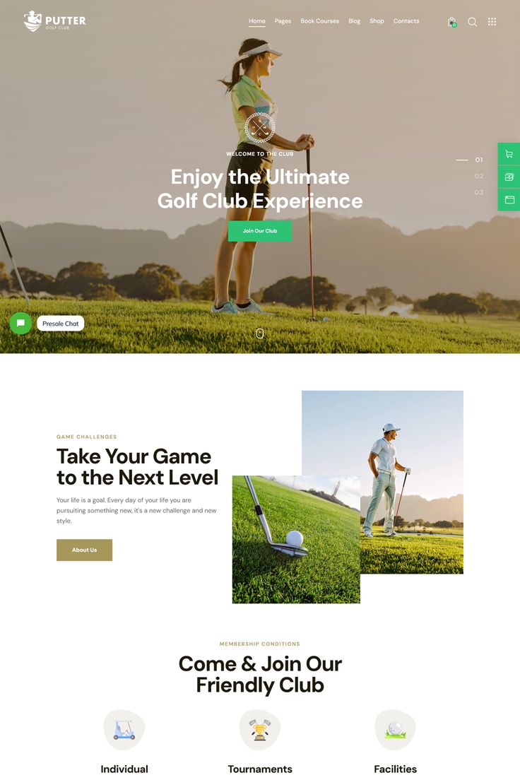 the website for golf club is shown in green and white colors, with an image of a