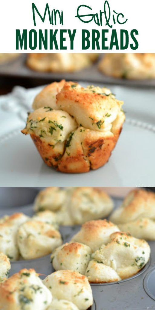 mini garlic monkey bread muffins in a muffin tin with text overlay