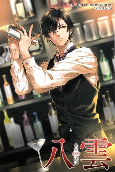 an anime character holding a martini glass in his hand