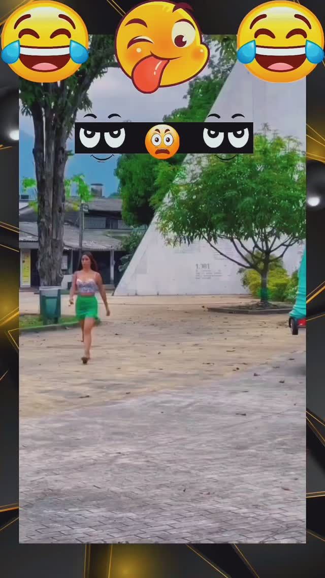 the girl is running in front of some emoticions on her face and eyes