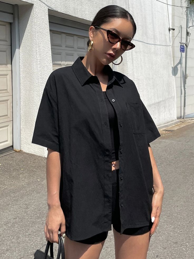 Black Shirt Outfits, Outfits Con Camisa, Drop Shoulder Shirt, Black Shirts Women, 여름 스타일, Half Sleeve Shirts, Mode Kpop, Looks Street Style, Vintage Mode