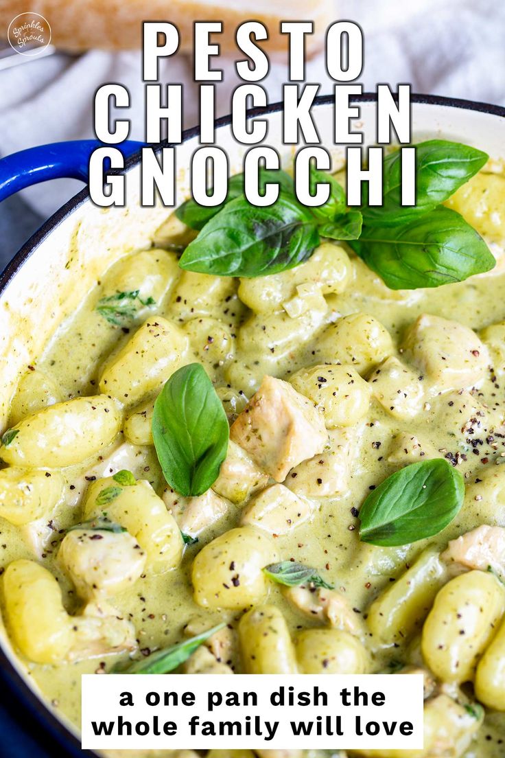 chicken gnocchini with pesto sauce in a blue pan