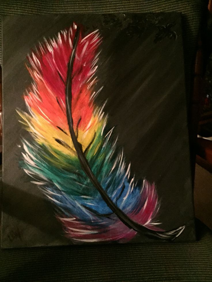 a painting of a colorful feather on a black background