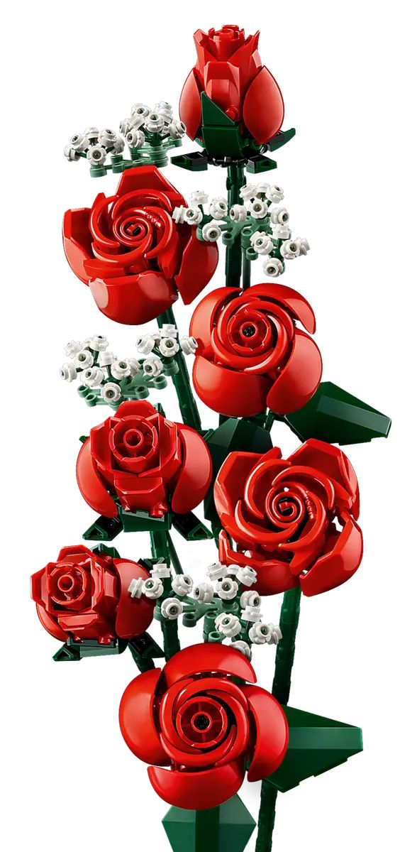 a bunch of red roses with white flowers in the center and green stems on each side