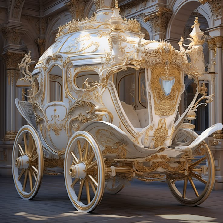 a white and gold horse drawn carriage parked in front of a building with ornately decorated walls