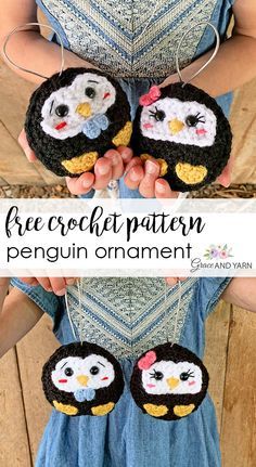 two crocheted penguin ornaments are being held in front of a wooden background with text overlay that says free crochet pattern penguin ornament