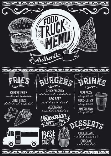 a chalkboard menu for a fast food restaurant on a blackboard background with hand drawn lettering