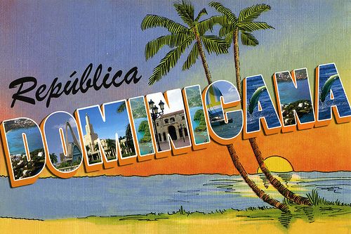 a postcard with the words, reppulicaa, and palm trees