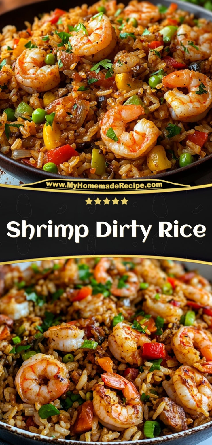 shrimp and rice dish in a pan with the words shrimp dirty rice