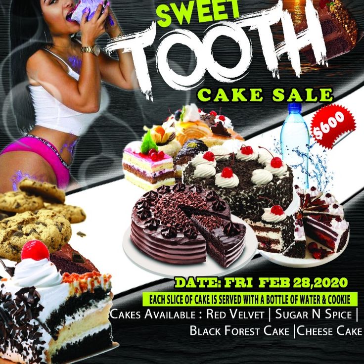 an advertisement for a cake sale featuring cakes and desserts