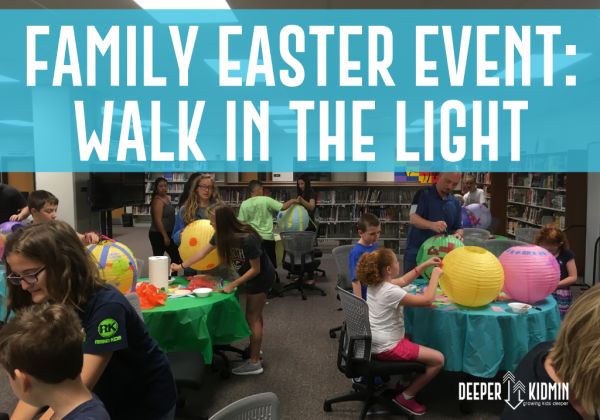 a group of children sitting around a table with an easter egg on it and the words family easter event walk in the light