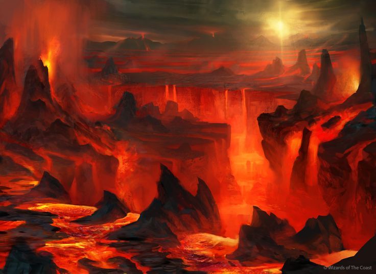 an image of a fantasy landscape with lava and rocks in the foreground, glowing red