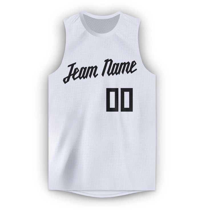 a white basketball jersey with the name team name 00 on it and black letters in front